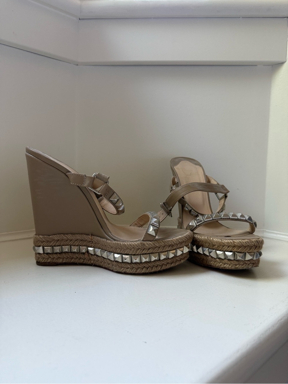 Christian Louboutin Cataclou Studded Espadrille Wedges – Tan Khaki – Size 40